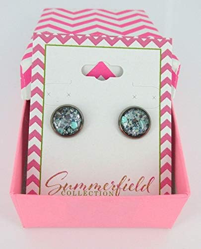 Summerfield Collection Hematite-tone Mint Green and Silver Glitter Glass Stud Earrings Hand-painted 10mm