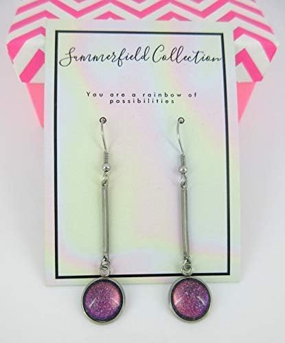 Summerfield Collection Stainless Steel Dark Pink Rainbow Colorshift Glitter Glass Matchstick Dangle Earrings