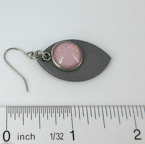 Summerfield Collection Stainless Steel Pink AB Glitter Glass Charm Gray Wood Leaf Dangle Earrings
