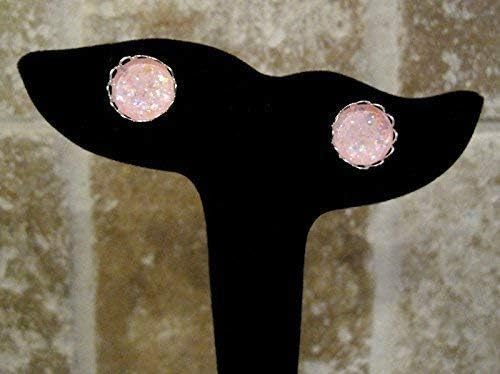 Summerfield Collection Stainless Steel Light Pink Iridescent Glitter Glass Stud Earrings Hand-painted 12mm