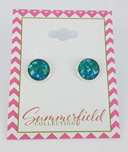 Summerfield Collection Silver-tone Aqua Blue and Green Glitter Glass Stud Earrings Hand-painted 10mm