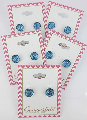 Summerfield Collection Silver-tone Blue Sparkle Glitter Glass Stud Earrings Hand-painted 10mm