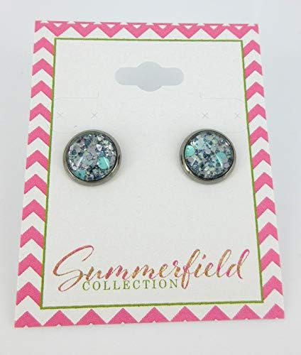 Summerfield Collection Hematite-tone Mint Green and Silver Glitter Glass Stud Earrings Hand-painted 10mm