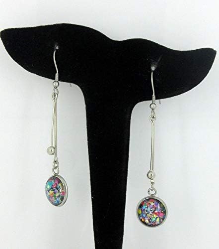 Summerfield Collection Stainless Steel Black and Confetti Glitter Glass Double Matchstick Dangle Earrings