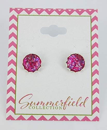 Summerfield Collection Silver-tone Hot Pink Glitter Glass Stud Earrings Hand-painted 10mm