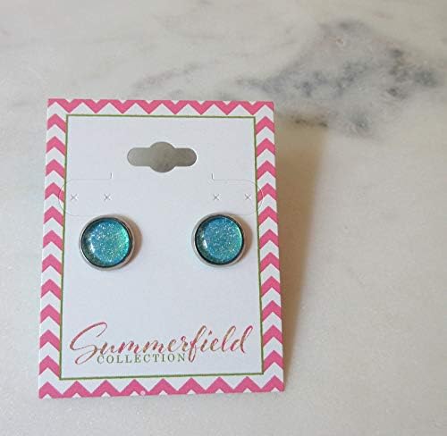 Summerfield Collection Stainless Steel Ocean Green Blue Glitter Glass Stud Earrings Hand-painted 10mm