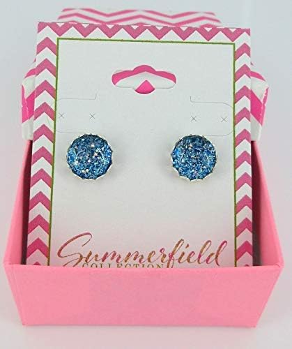 Summerfield Collection Silver-tone Blue Sparkle Glitter Glass Stud Earrings Hand-painted 10mm