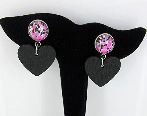 Summerfield Collection Stainless Steel Pink Purple White Glitter Glass Black Heart Wood Drop Earrings