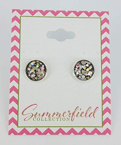 Summerfield Collection Silver-tone Burgundy Confetti Glitter Glass Stud Earrings Hand-painted 10mm