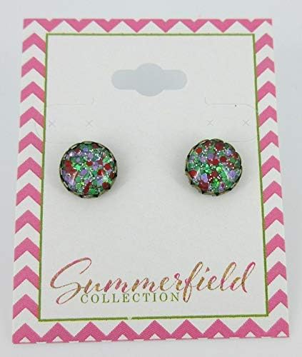 Summerfield Collection Antiqued Gold-tone Green Purple Red Glitter Glass Stud Earrings Hand-painted 10mm