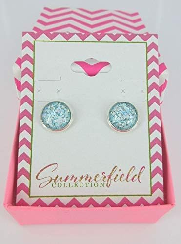 Summerfield Collection Silver-tone Blue and White Glitter Glass Stud Earrings Hand-painted 10mm