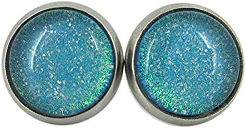 Summerfield Collection Stainless Steel Ocean Green Blue Glitter Glass Stud Earrings Hand-painted 10mm