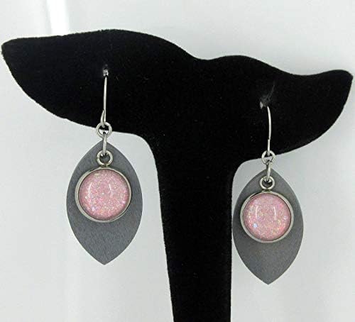Summerfield Collection Stainless Steel Pink AB Glitter Glass Charm Gray Wood Leaf Dangle Earrings