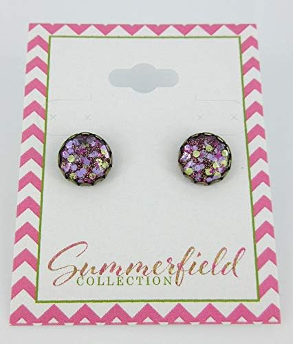 Summerfield Collection Antiqued Gold-tone Purple Glitter Glass Stud Earrings Hand-painted 10mm
