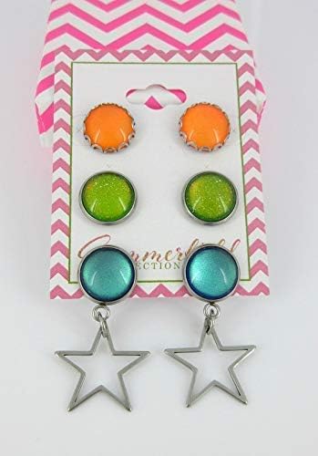 Summerfield Collection Stainless Steel Neon Tropical Summer Glass Stud and Star Dangle Trio Earrings Set