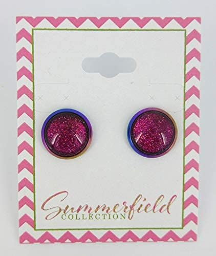 Summerfield Collection Rainbow Stainless Steel Metallic Glitter Glass Stud Earrings Hand-painted 12mm (Pink)