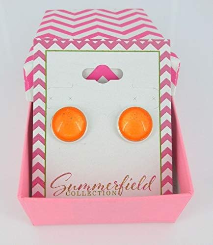 Summerfield Collection Silver-tone Neon Orange Glitter Glass Stud Earrings Hand-painted 12mm