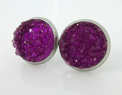 Summerfield Collection Stainless Steel Deep Magenta Faux Druzy Stone Stud Earrings (12mm)