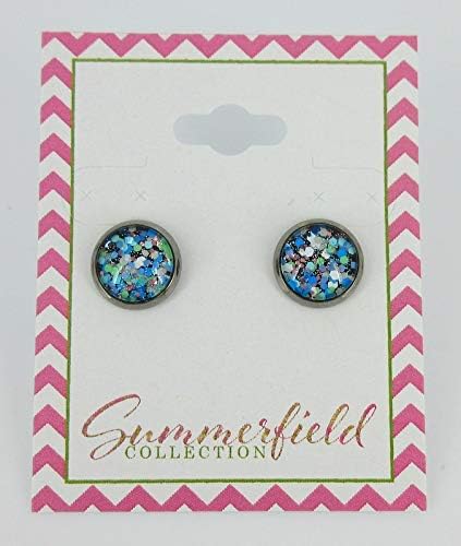 Summerfield Collection Hematite-tone Blue Green White Glitter Glass Stud Earrings Hand-painted 10mm