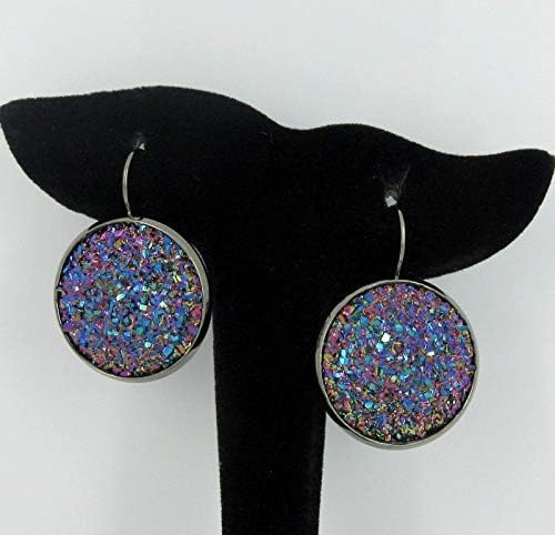 Summerfield Collection Hematite-tone Purple Pink Teal Faux Druzy Stone Lever-back Drop Earrings Large 25mm