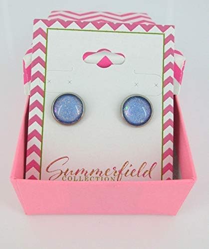 Summerfield Collection Stainless Steel Sky Blue and Rainbow Glitter Flake Glass Stud Earrings Hand-painted (10mm)