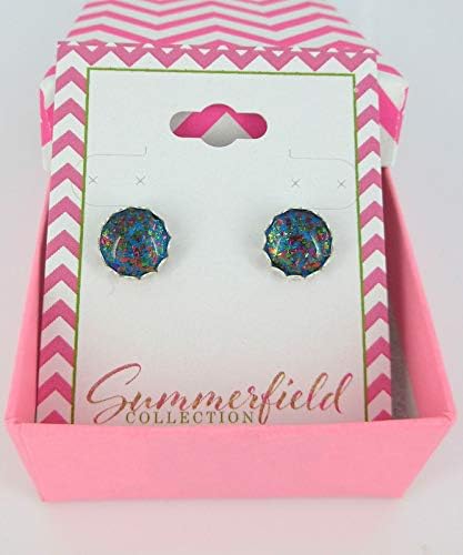 Summerfield Collection Silver-tone Aqua Blue and Rainbow Flake Glass Stud Earrings Hand-painted 10mm