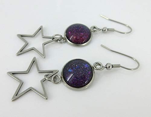 Summerfield Collection Stainless Steel Purple Blue Red Galaxy Glitter Glass Star Charm Dangle Earrings