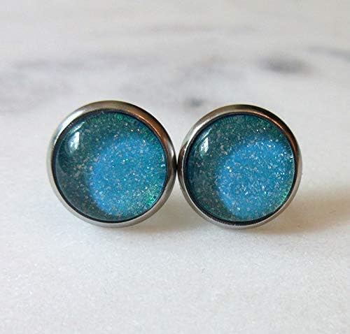 Summerfield Collection Stainless Steel Ocean Green Blue Glitter Glass Stud Earrings Hand-painted 10mm
