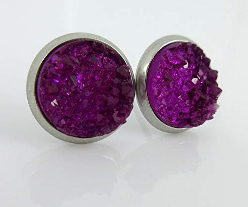 Summerfield Collection Stainless Steel Deep Magenta Faux Druzy Stone Stud Earrings (10mm)