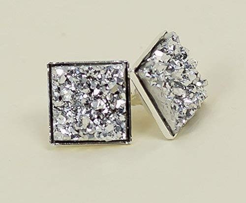 Summerfield Collection Silver-tone Metallic Geometric Square Shaped Chunky Faux Druzy Stud Earrings 12mm Statement (Silver)