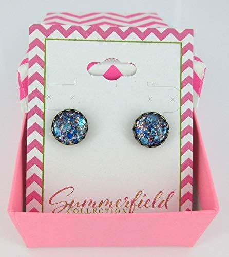 Summerfield Collection Antiqued Gold-tone Purple and Blue Glitter Glass Stud Earrings Hand-painted 10mm