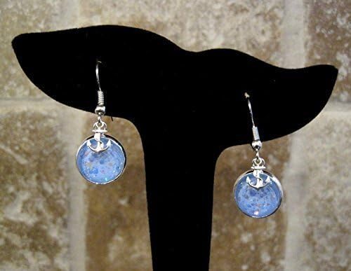 Summerfield Collection Silver-tone Blue Iridescent Glitter Glass Anchor Charm Dangle Earrings