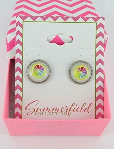 Summerfield Collection Stainless Steel Fruit Print Frosted Resin Stud Earrings 12mm (Rainbow Sliced Lemon)