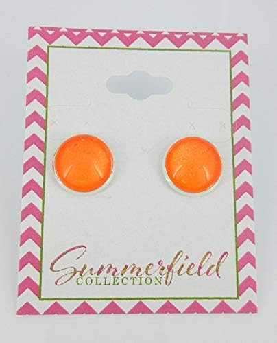 Summerfield Collection Silver-tone Neon Orange Glitter Glass Stud Earrings Hand-painted 12mm