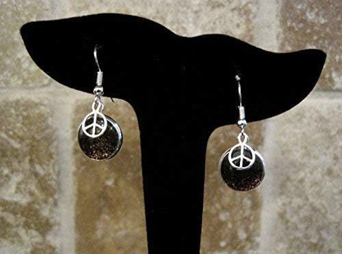 Summerfield Collection Silver-tone Black Rainbow Duochrome Flake Glitter Glass Peace Sign Charm Dangle Earrings