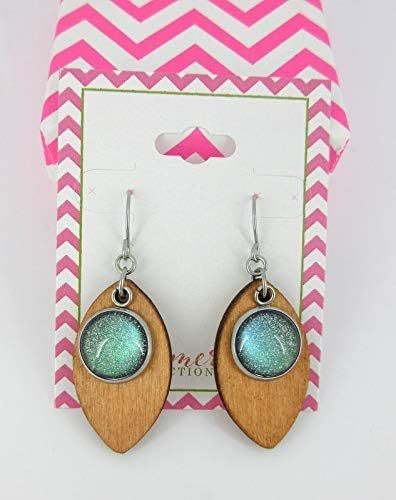 Summerfield Collection Stainless Steel Green Glitter Glass Charm Wood Leaf Dangle Earrings