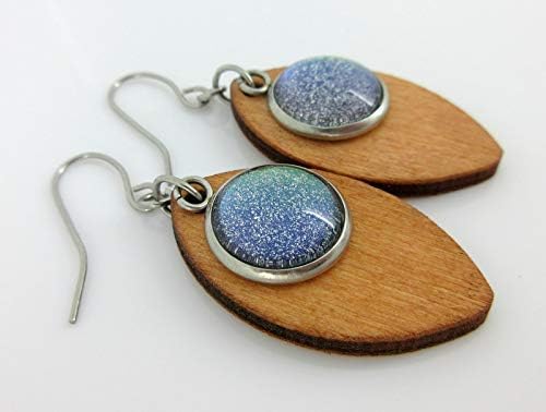 Summerfield Collection Stainless Steel Green Glitter Glass Charm Wood Leaf Dangle Earrings Hand-painted