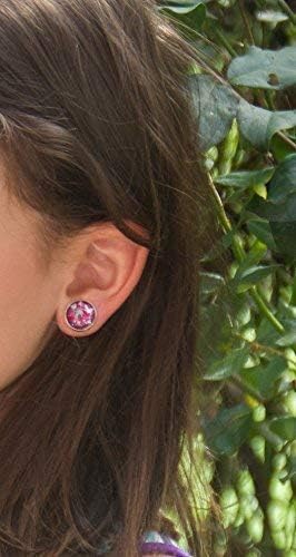Summerfield Collection Silver-Tone Charcoal Gray and Pink Hexagon Glitter Glass Stud Earrings 12mm