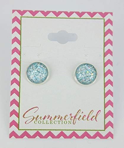 Summerfield Collection Silver-tone Blue and White Glitter Glass Stud Earrings Hand-painted 10mm