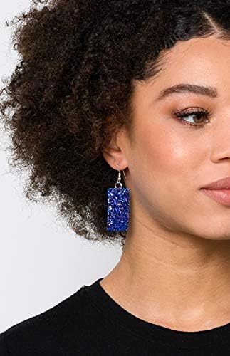 Summerfield Collection Silver-tone Glitter Faux Leather Large Rectangle Dangle Earrings (Blue w/Pink and Black)