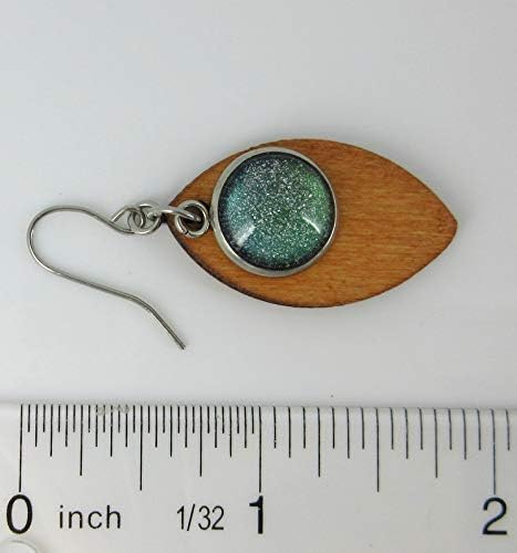 Summerfield Collection Stainless Steel Green Glitter Glass Charm Wood Leaf Dangle Earrings