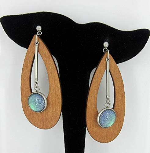 Summerfield Collection Stainless Steel Green Glitter Glass Charm Wood Teardrop Drop Earrings