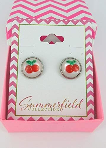 Summerfield Collection Stainless Steel Fruit Print Frosted Resin Stud Earrings 12mm (Cherry)