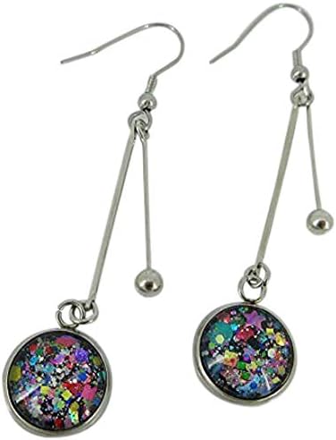 Summerfield Collection Stainless Steel Black and Confetti Glitter Glass Double Matchstick Dangle Earrings