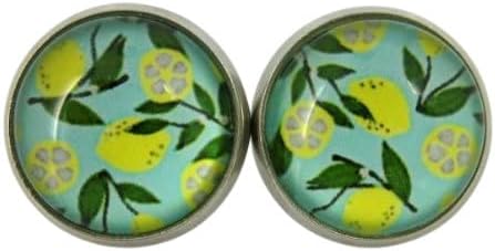Summerfield Collection Stainless Steel Lemon Fruit Print Glass Stud Earrings 12mm Green and Yellow