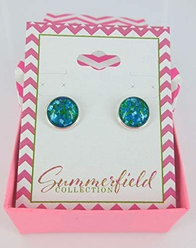Summerfield Collection Silver-tone Aqua Blue and Green Glitter Glass Stud Earrings Hand-painted 10mm