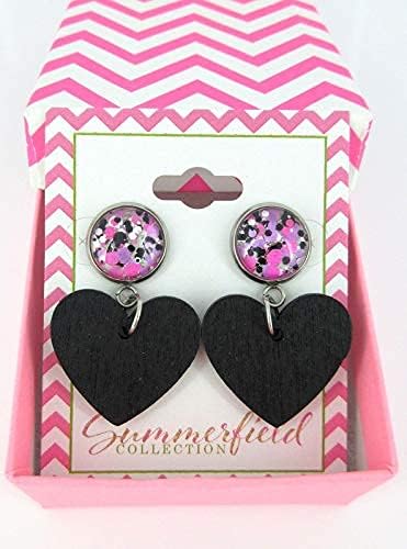 Summerfield Collection Stainless Steel Pink Purple White Glitter Glass Black Heart Wood Drop Earrings