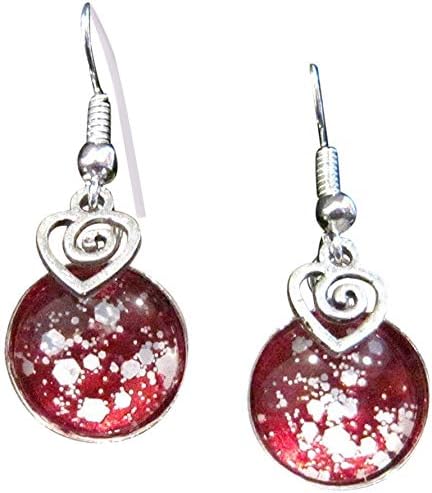 Summerfield Collection Silver-tone Red and White Glitter Glass Swirl Heart Charm Dangle Earrings Hand-painted