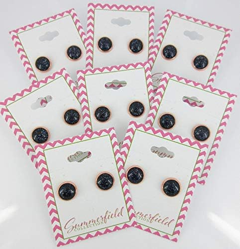 Summerfield Collection Rose Gold-tone Black and Holographic Flake Glitter Glass Stud Earrings Hand-painted 10mm