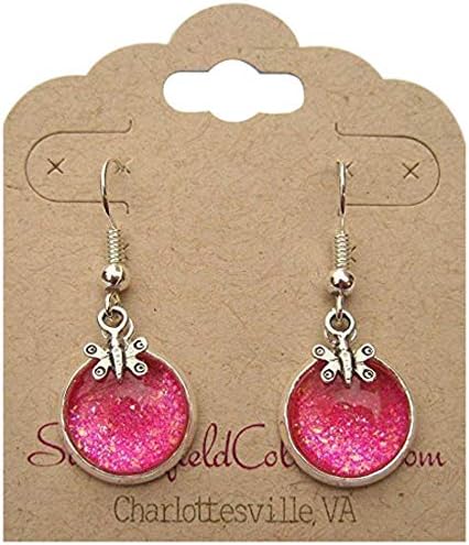 Summerfield Collection Silver-tone Pink Glitter Glass Butterfly Charm Dangle Earrings Hand-painted